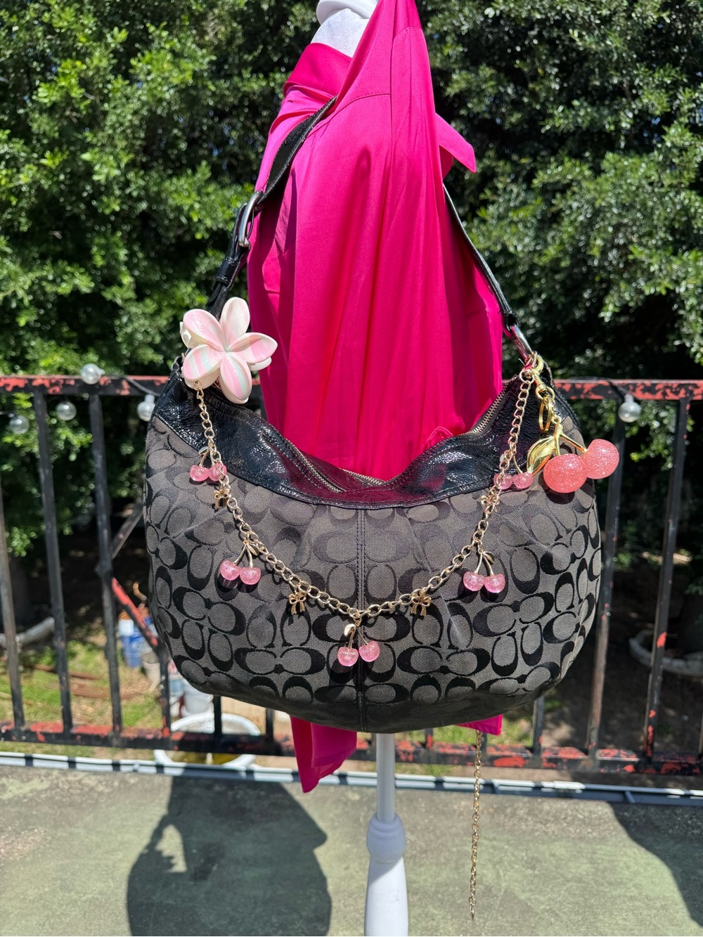 Coach Black Signature Canvas Hobo with Pink Charm Chain